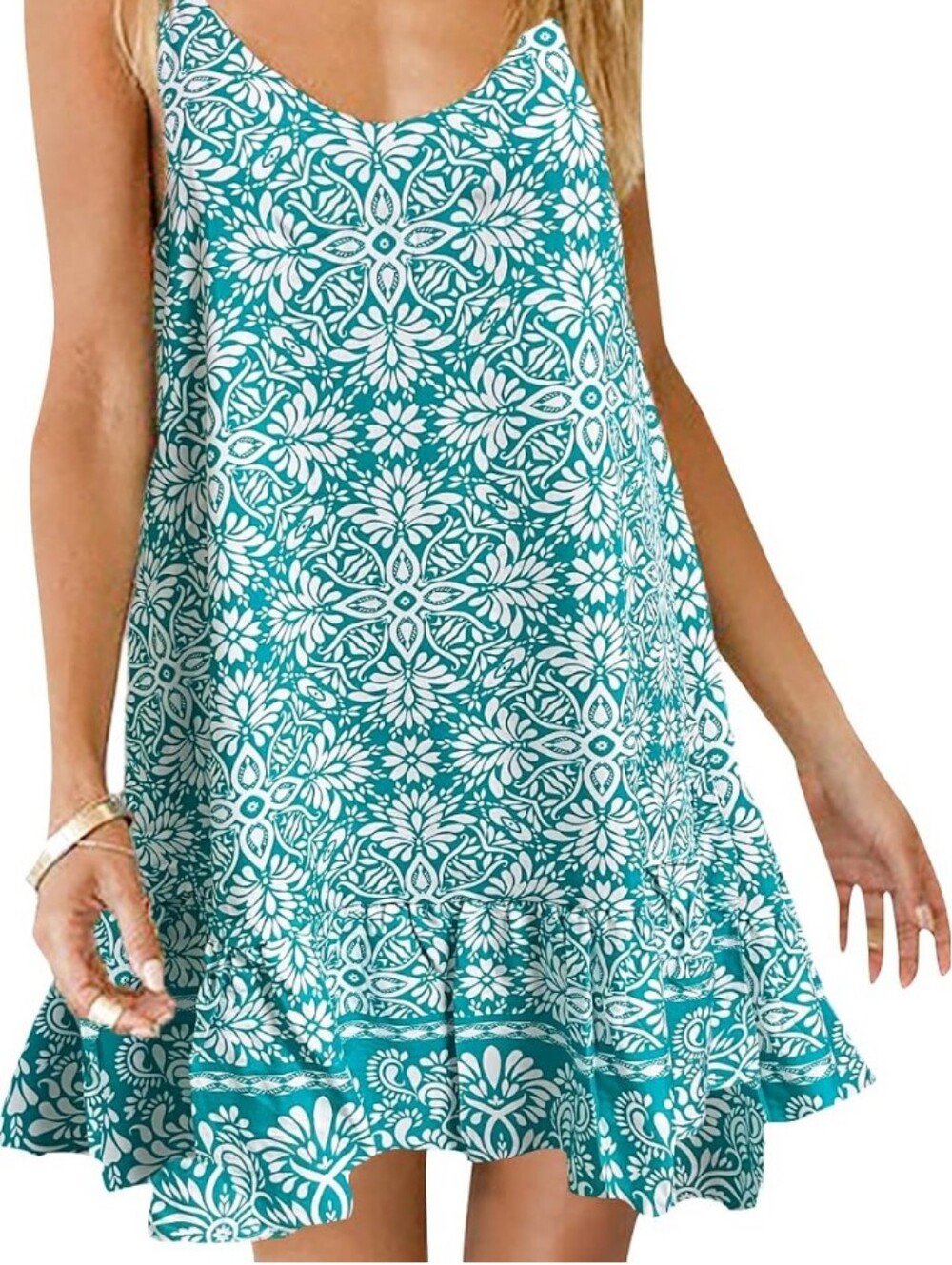 Boho Teal Mandala Ruffle Mini Dress Adjustable Strap Sleeveless Sundress